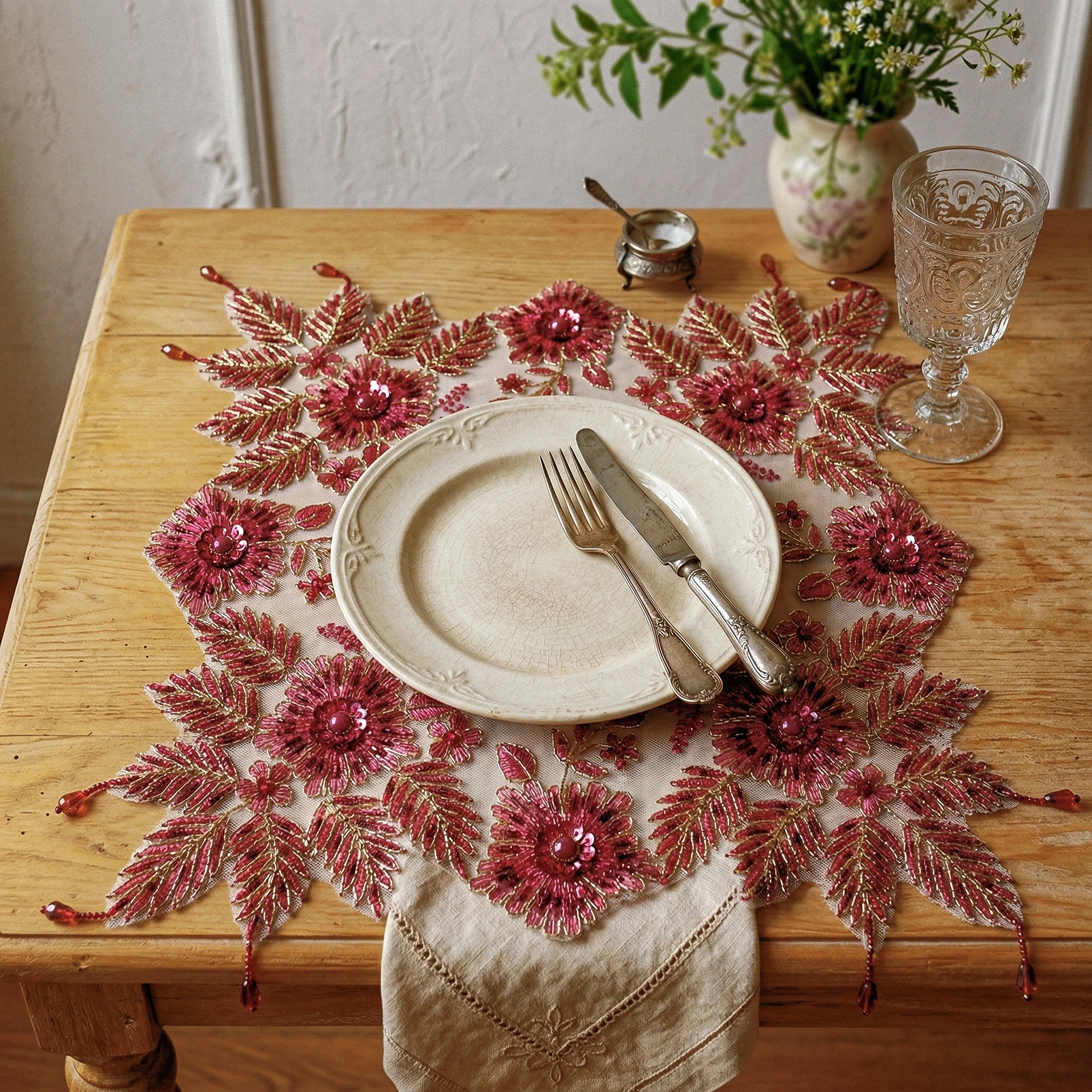 Red Embroidered Placemats Luxury Coffee Coaster Decorative Table Pads Beaded Tablecloths Lace Tablerunner Wedding Table Decor