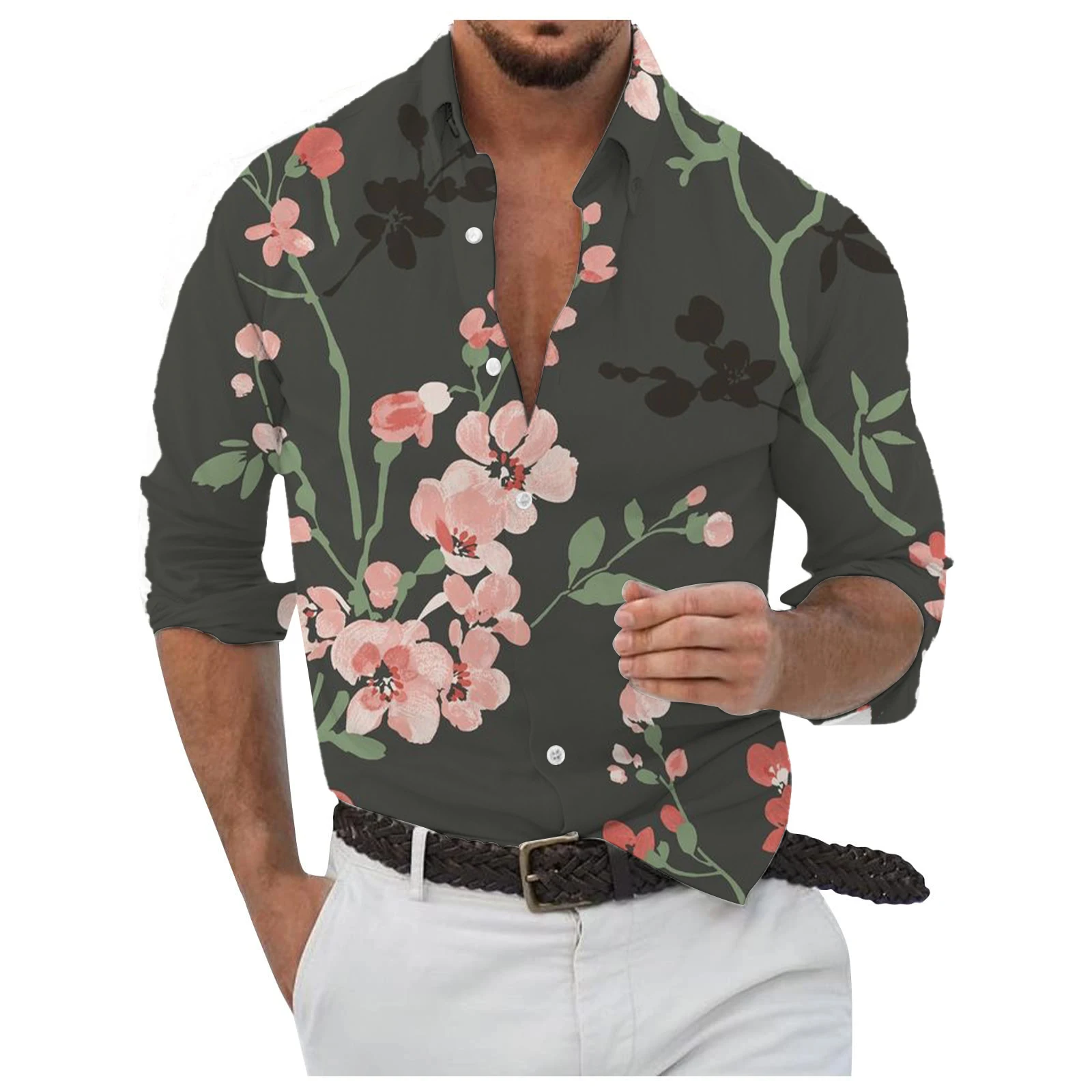 3D Printed Flowers and Green Grass Casual Men's Button Up Long Sleeve Shirt Party Evening Daily Shirt Collar Men's Clothing