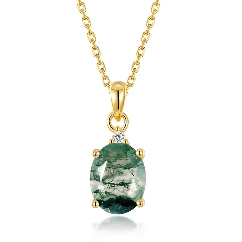 

Simple Green Moss Pendant S925 Silver Plated 18K Gold PT950 Platinum Water Grass Agate Light Luxury Necklace