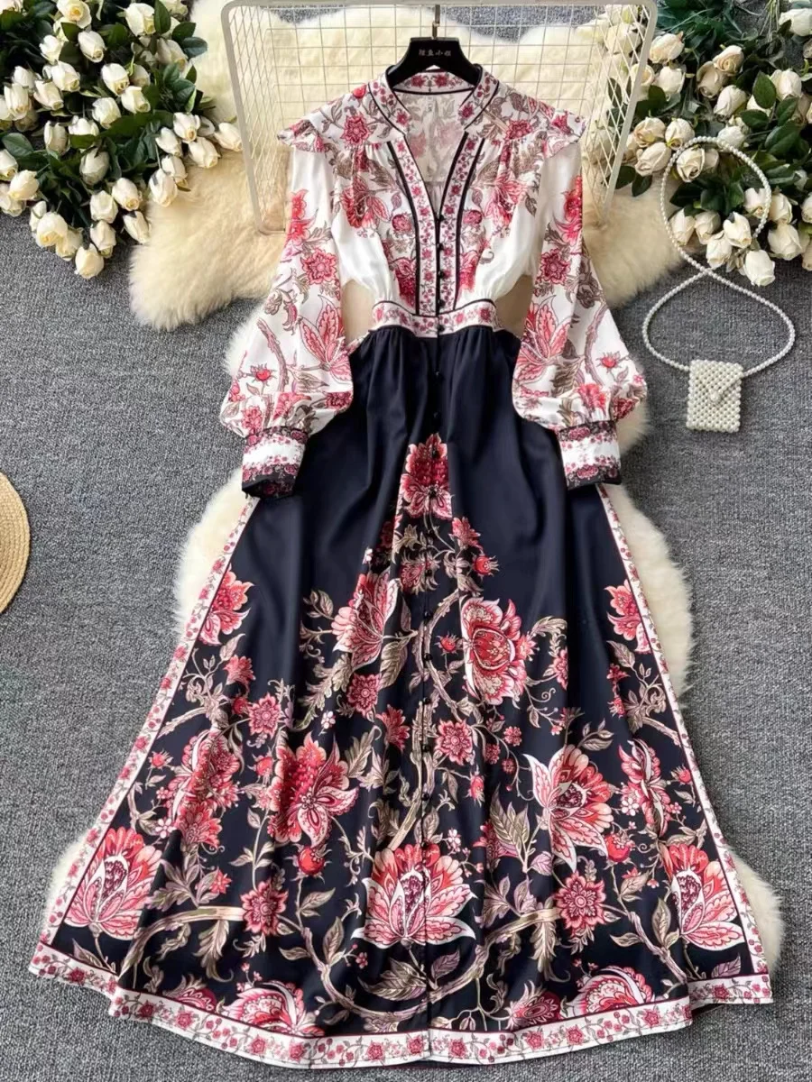 2024 Autumn Vintage Palace Style Print Dress For Women Fashion V-Neck Single Breasted Lantern Sleeve Slim Fit A-line Long Dress