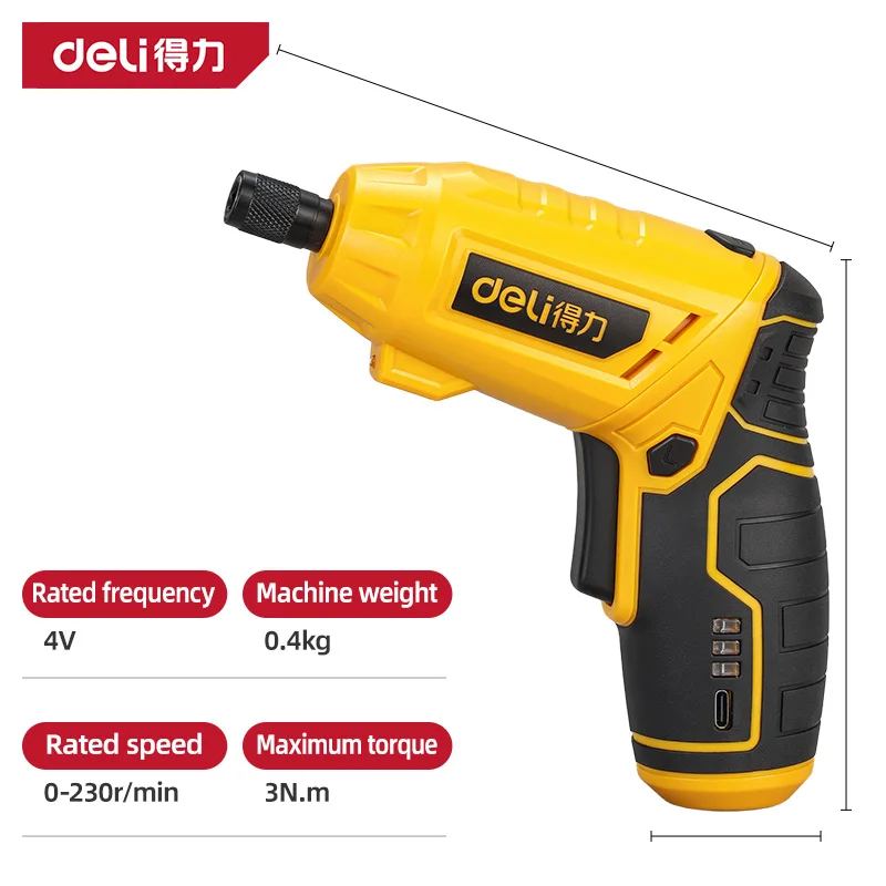 Deli 4V Cordless Electric Screwdriver, 2-in-1 Gun/Straight Style, Magnetic Chuck, Type-C Rechargeable, LED Light,  for Home DIY