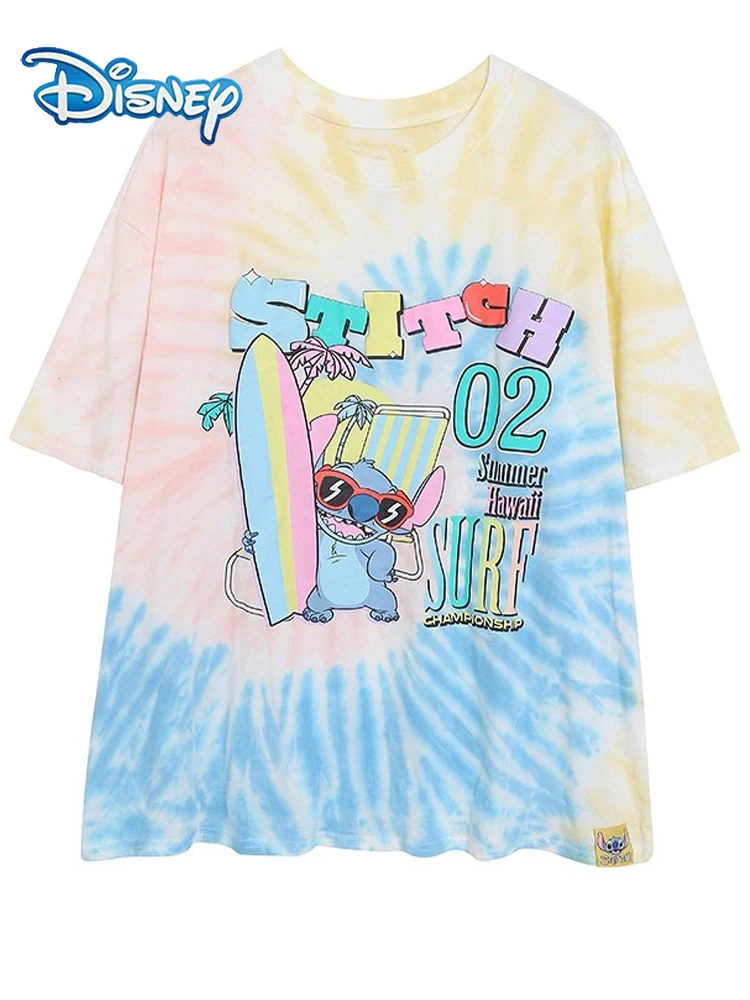 

Disney Stitch Little Monster Letter Cartoon Print Tie-dye T-Shirt Women Short Sleeve O-Neck Pullover Harajuku Tee Tops Female
