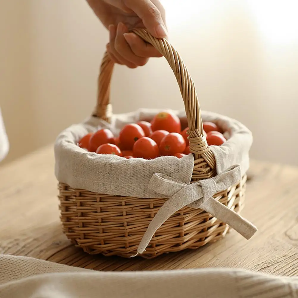 Cesta de mimbre con lazo para niña, cesta de flores para decoración de boda con asa, cesta de frutas portátil, contenedor de almacenamiento para