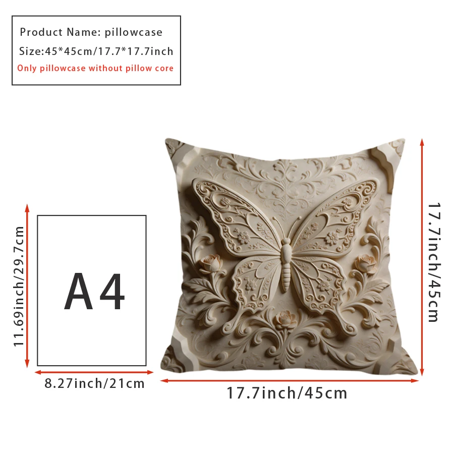 1PC Throw Pillow Cover,Beige 3D Embossed Butterfly Baroque Print,Elegant Vintage Style,For Sofa Bedroom Couch Home Decor