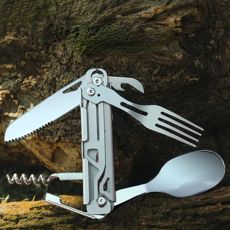 Folding Cutlery Portable Corkscrew Tableware High Strength Stainless Steel Disassembly Camping Fork Spoon Cutter for Outdoor