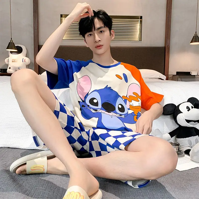 Anime One Piece Luffy Men Short-Sleeved Pajamas Set Summer Cartoon Cotton Thin Section Teenagers HomeWear Set Student Loungewear