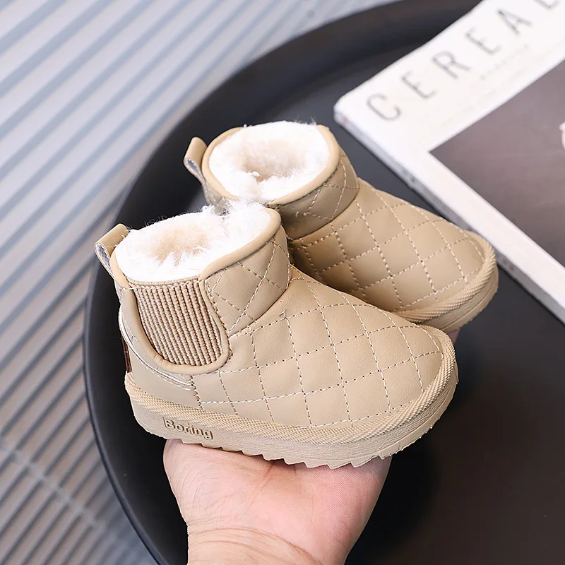 Children Snow Boots Girls Soft PU Leather Ankle Boots Winter Kids Fur Shoes Warm Velvet Boys Short Boots Black, White