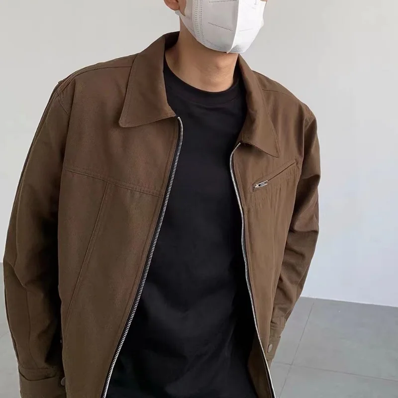 Gmiixder Men Simple Lapel Jacket 2023 Spring Autumn High Street Retro Vintage Black Casual Top Unisex Elegant Zipper Bomber Coat