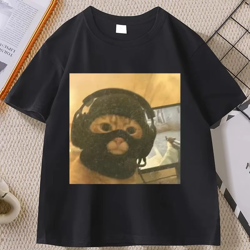 Vintage Funny Gamer Cat T Shirt Tactical Kitty Joke Tee Cool Cat Short Sleeve Round Neck Tshirt Streetwear Loose Clothes Tops