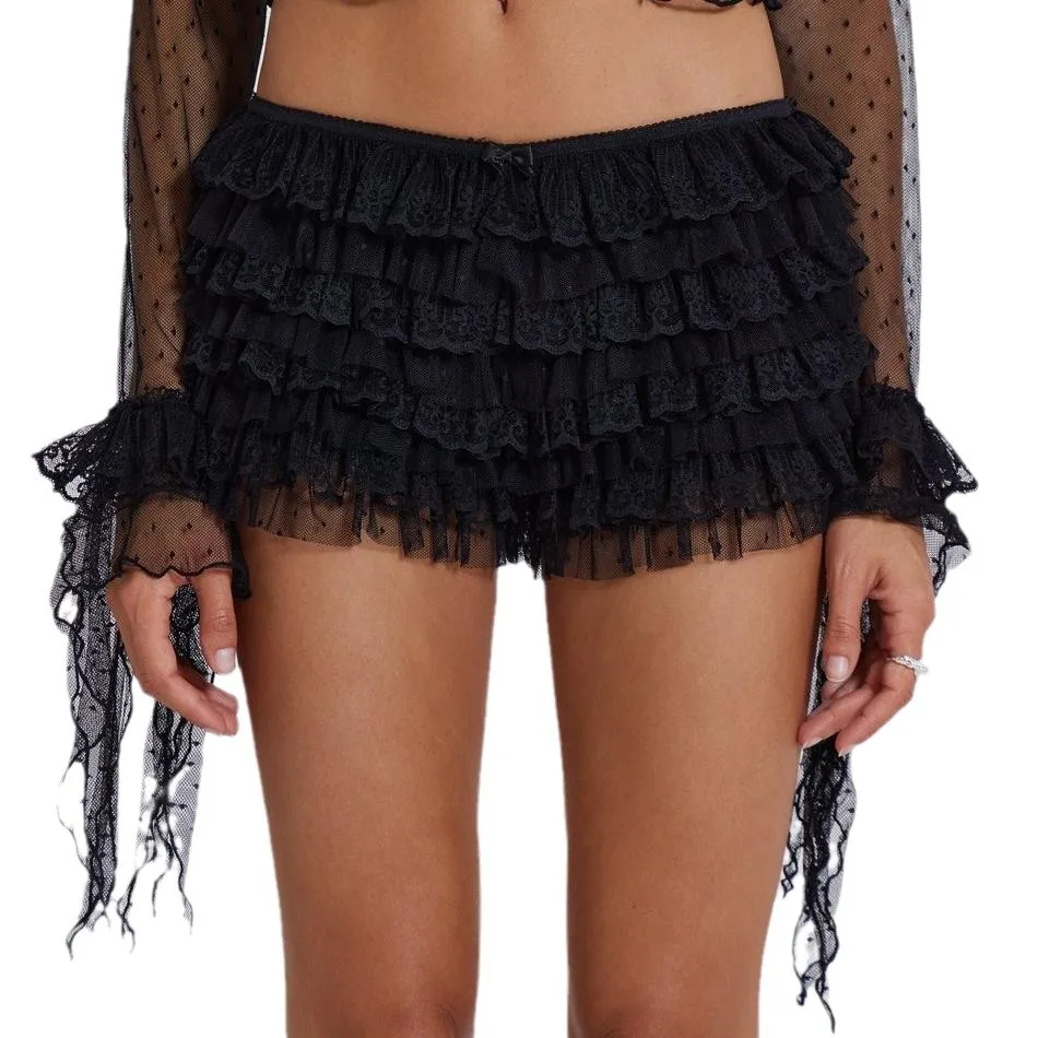 Y2K-bombones de encaje para mujer, pantalones cortos con volantes, pantalones de calabaza en capas, petos bonitos de Lolita, pantalones cortos sexis Coqueta para niños, micropantalones