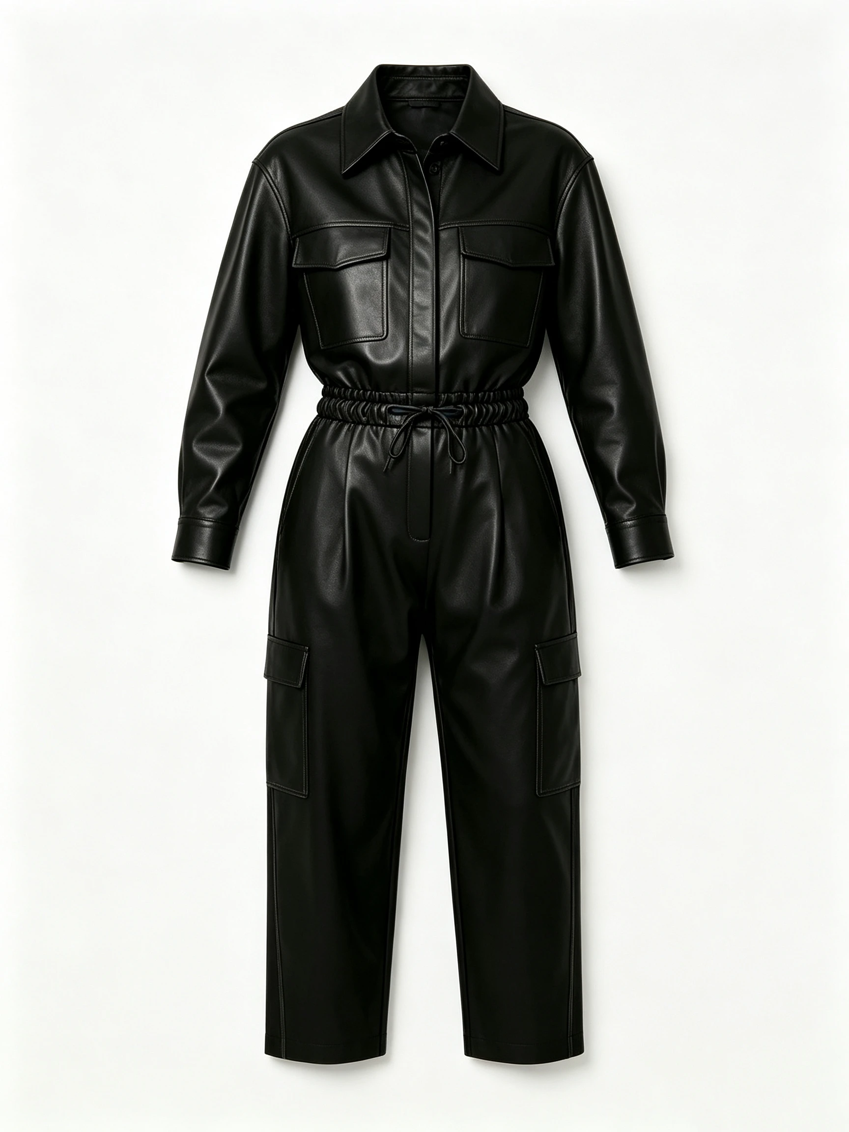 Luxury Black Faux Leather Utility Jumpsuit with Chest Pockets and Drawstring Waist