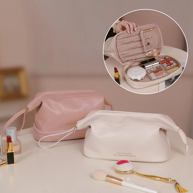 Bolsas de cosméticos para mujer, elegante bolsa de maquillaje de cuero PU, organizador de artículos de tocador de viaje, bolsa colgante de almacenamiento, bolso de maquillaje de mano coreano