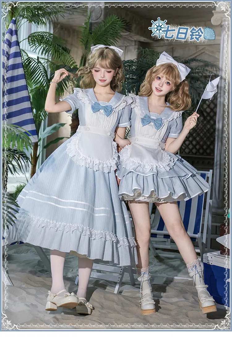 

Navy Style Lolita Op Dress Twin Set Light Blue Sailor Collar Ruffle Apron Summer Dress Sweet Lolita Girl Dress