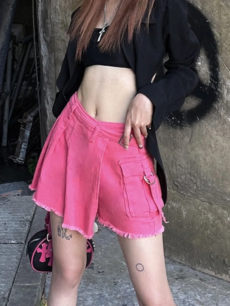 

SONNEESD Streetwear Casual Personality Jeans Fashion Irregular Pleated Tassel Design Mini Short Straight Denim Wide Leg Pant