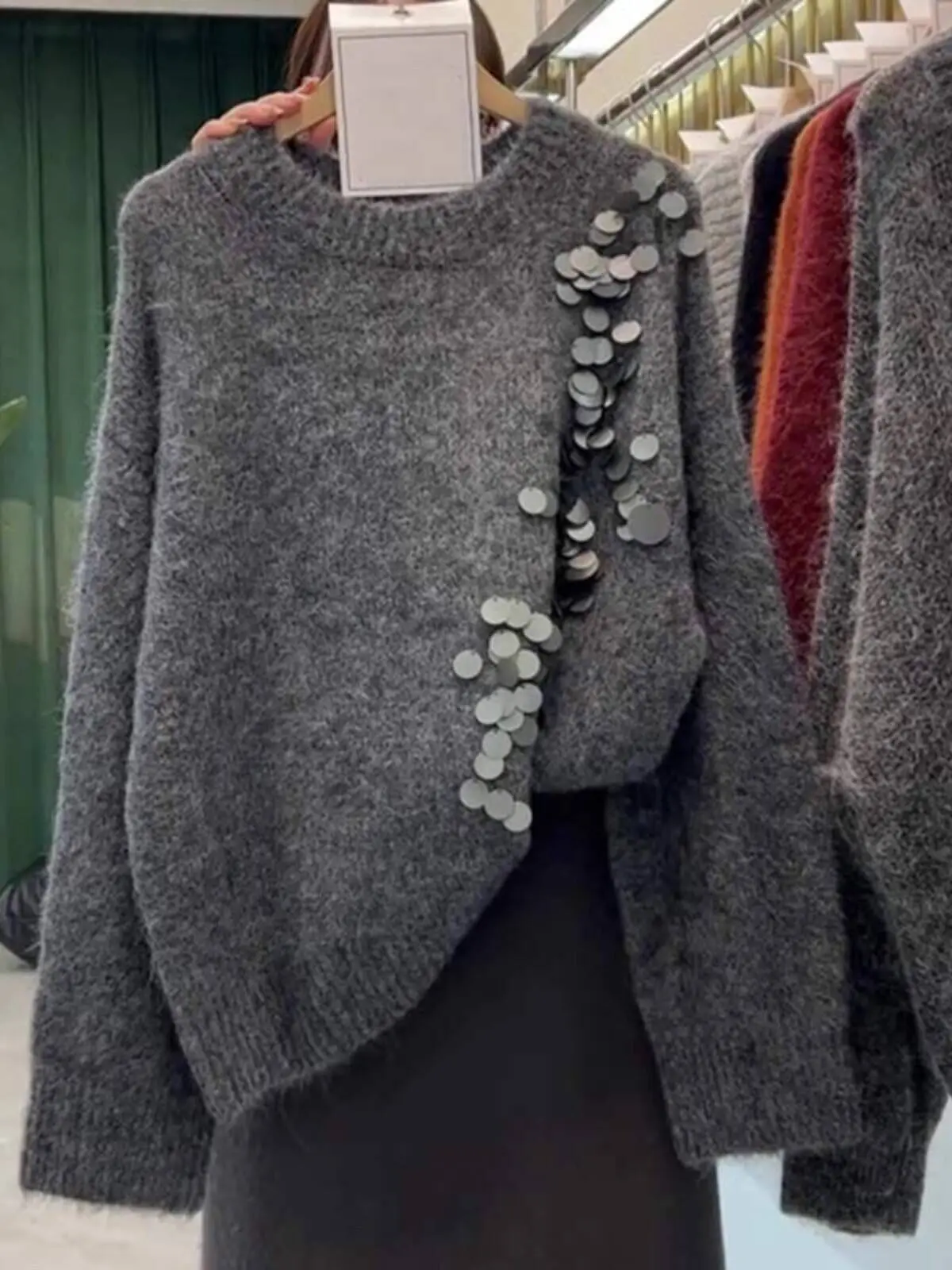 Elegant Lazy Style Grey Sequin Sweater Women's Loose Knitted Top Autumn Winter Full Sleeve Solid Color Wool Pullovers F325