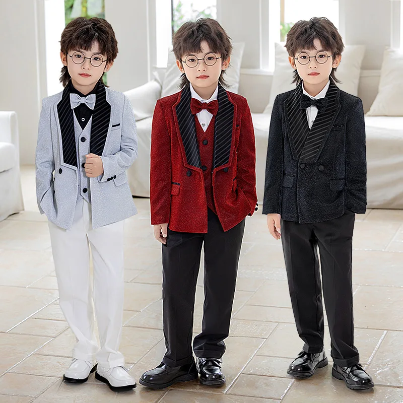 Glitter Double-Breasted 4-Piece Boys Suits Set High-Quality Kids Wedding Guest Outfit Handsome Tuxedo Host Costumes
