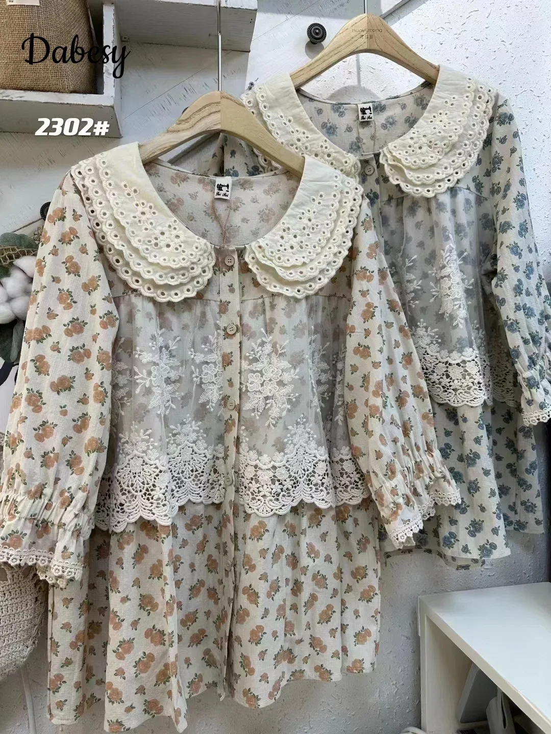 

Japanese Mori Girl Flower Cotton Linen Tops Vintage Lace Peter Pan Collar Patchwork Shirt Summer Casual Single-breasted Blouses
