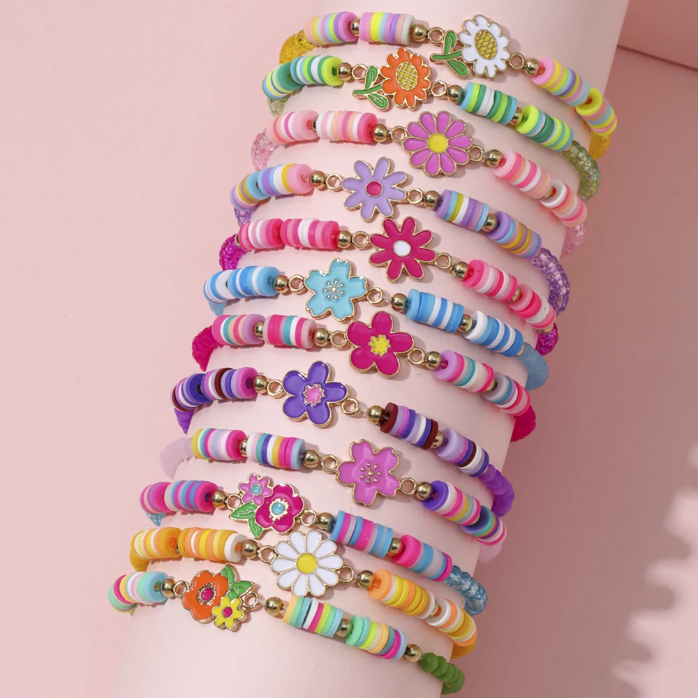 12Pcs Unicorn Cat Flower Charm Elastic Beaded Bracelets Set