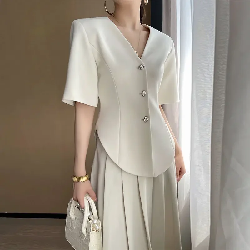

Women Summer Korean Slim V-neck Simplicity Office Lady Short Sleeve Suit Coat Ladies Fashion All-match Appear Thin Casual Tops
