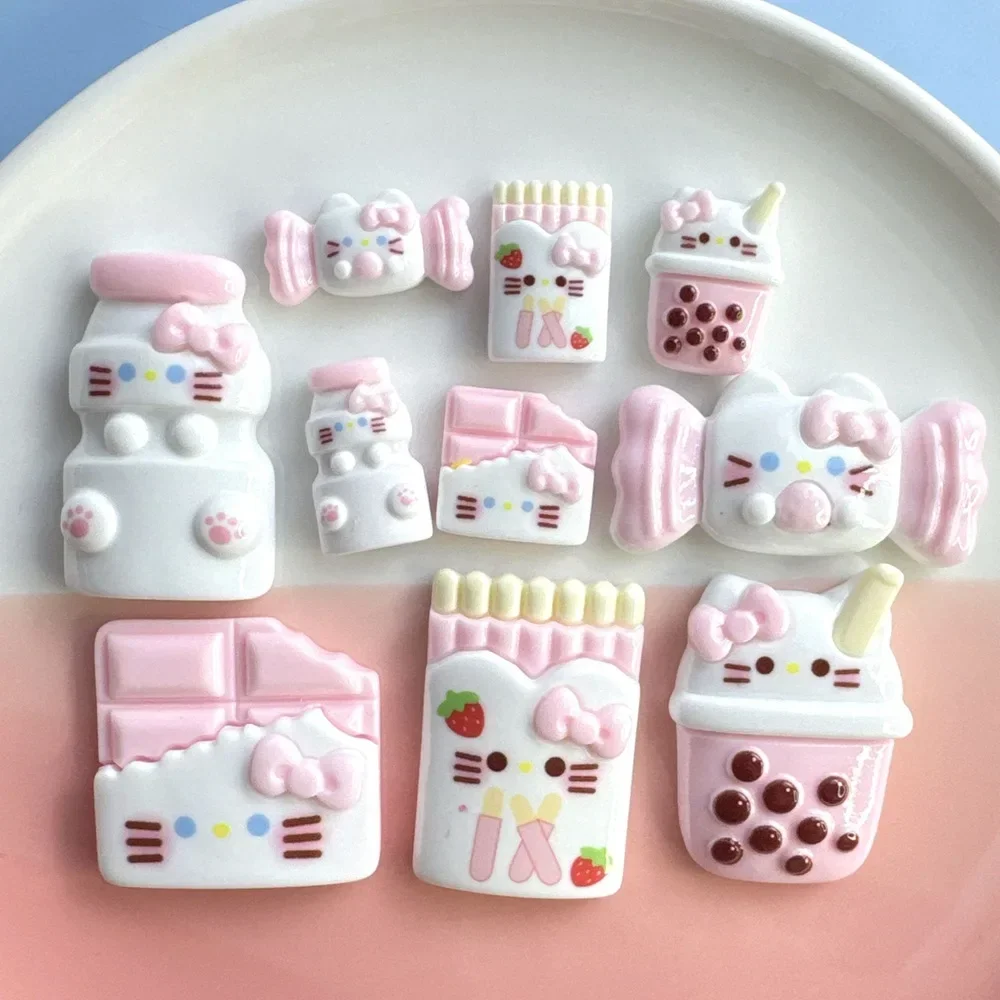 2/5pcs Hello Kitty Medium Size Powder Milk Tea Cat Cartoon Figure Miniature Diy Crafts Supplies Resin Flatback Cabochons