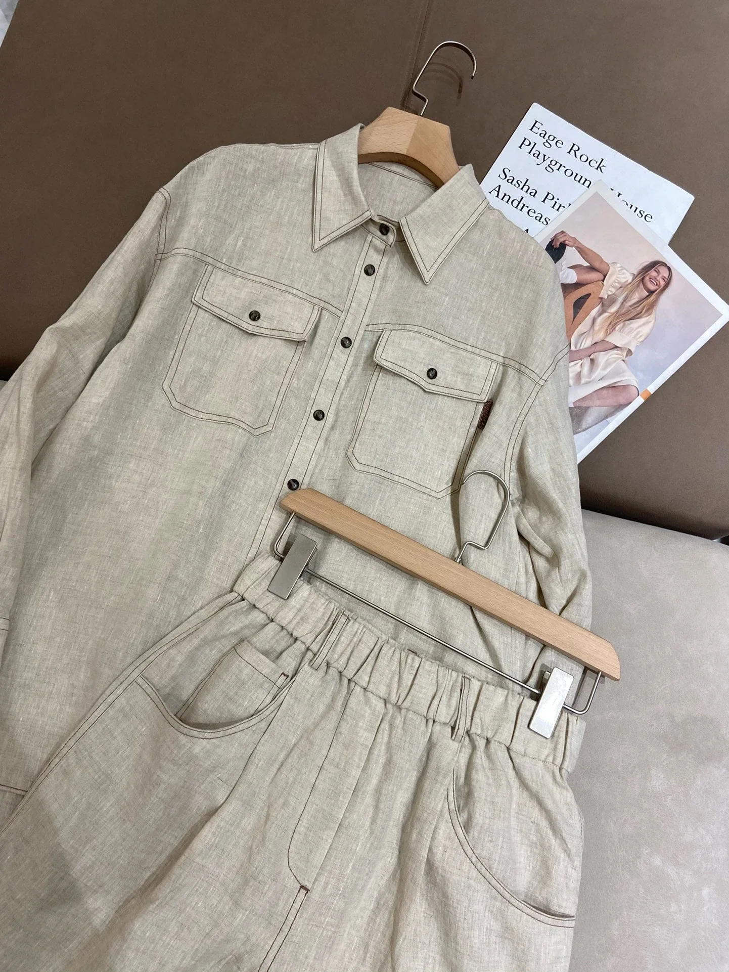 Autumn Women's Linen Suit B*C Single Breasted Turn-down Collar Long Sleeve or Elastic Waist Shorts Casual Loose Ladies Set