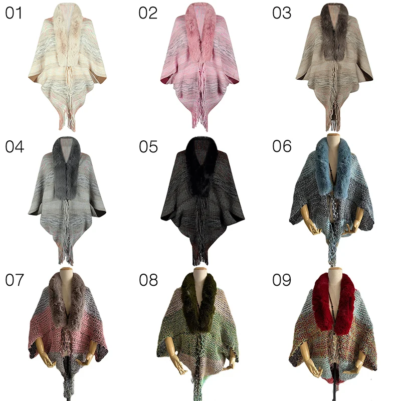 

Autumn Tassels Poncho Cloak Women Warm Faux Fur Collar Shawl Wraps Knitted Cardigans Batwing Neck Fur Scarves Capes Coat