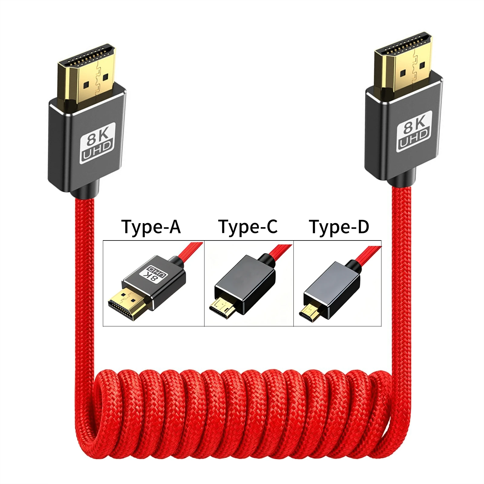 8K UHD Cable 90 Degree HD2.1 Stretch Spring Coiled Curl Flexible Braided Display Cord for Laptop PC DVD PS4 Camera Monitor HDTV