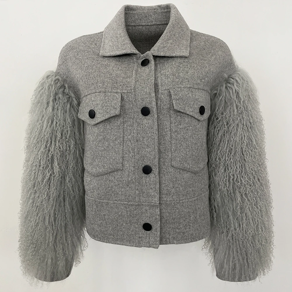 

OFTBUY пальто из натурального монгольского меха, женская шерстяная куртка, осеннее шерстяное пальто с карманами и длинными рукавами, женская укороченная шерстяная верхняя одежда