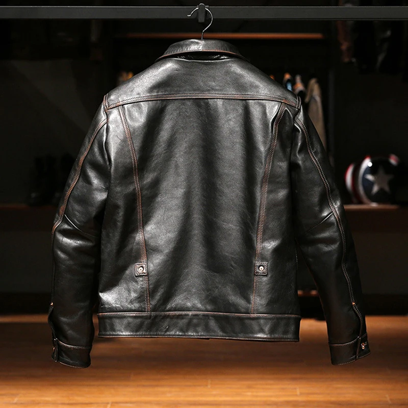 New High quality genuine leather clothings Korean style tea core men's vintage Lapel single thicken cowhide jackets