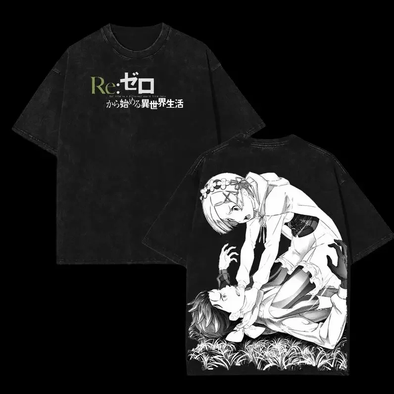Re ZERO Rem Subaru Retro T Shirt Anime Harajuku Vintage Washed T-shirt Men Women Clothing Oversized 100% Cotton Tees Clothes