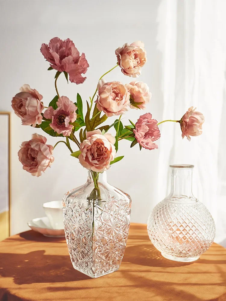 Embossed Glass Vase Hydroponic Arrangement Container Bookcase Desktop Ornament