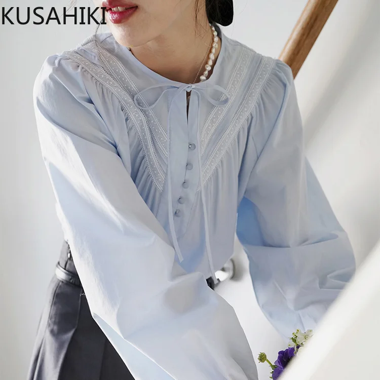 KUSAHIKI French Retro Round Neck Bow Tie Shirt for Women\'s Long Sleeved Spring New Korean Versatile Chic Top Camisas De Mujer