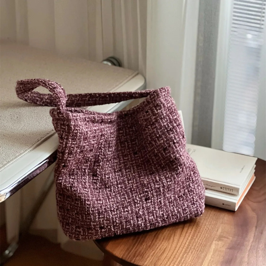 

YIFNA осенне-зимняя шерстяная клетчатая сумка-тоут, женская холщовая сумка в стиле ретро, маленькая сумка-тоут для ежедневного использования