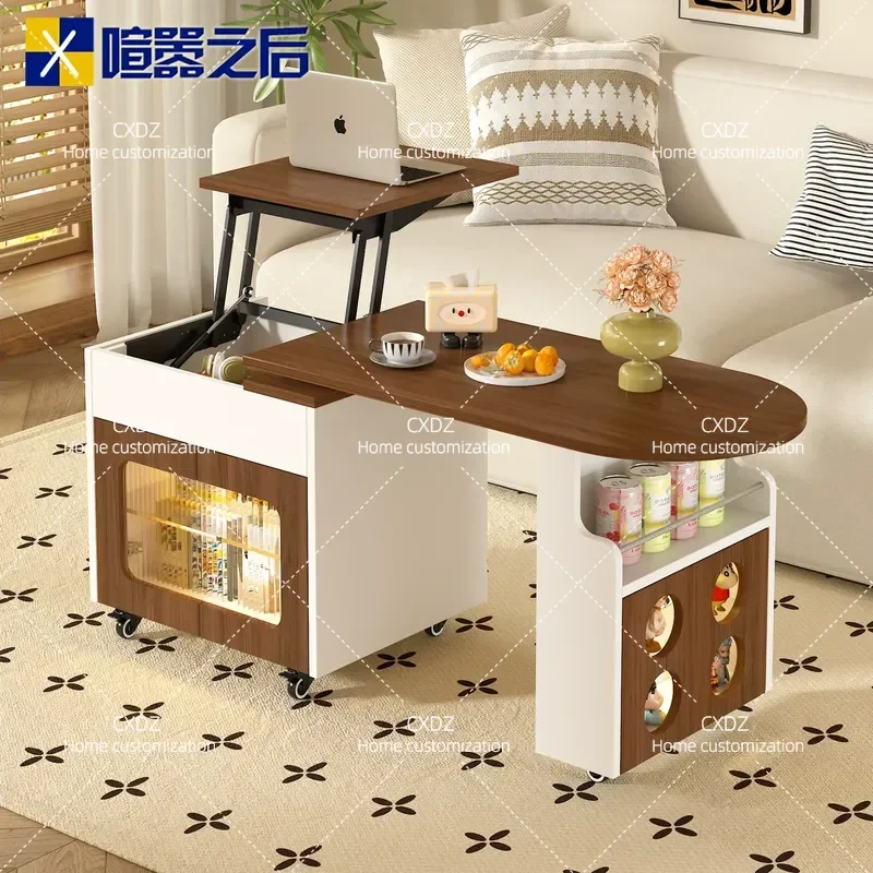 Medium Cream Solid Wood Movable Lifting Rotating Coffee Table Living Room Household Small Side Table Sofa Side Cabinet