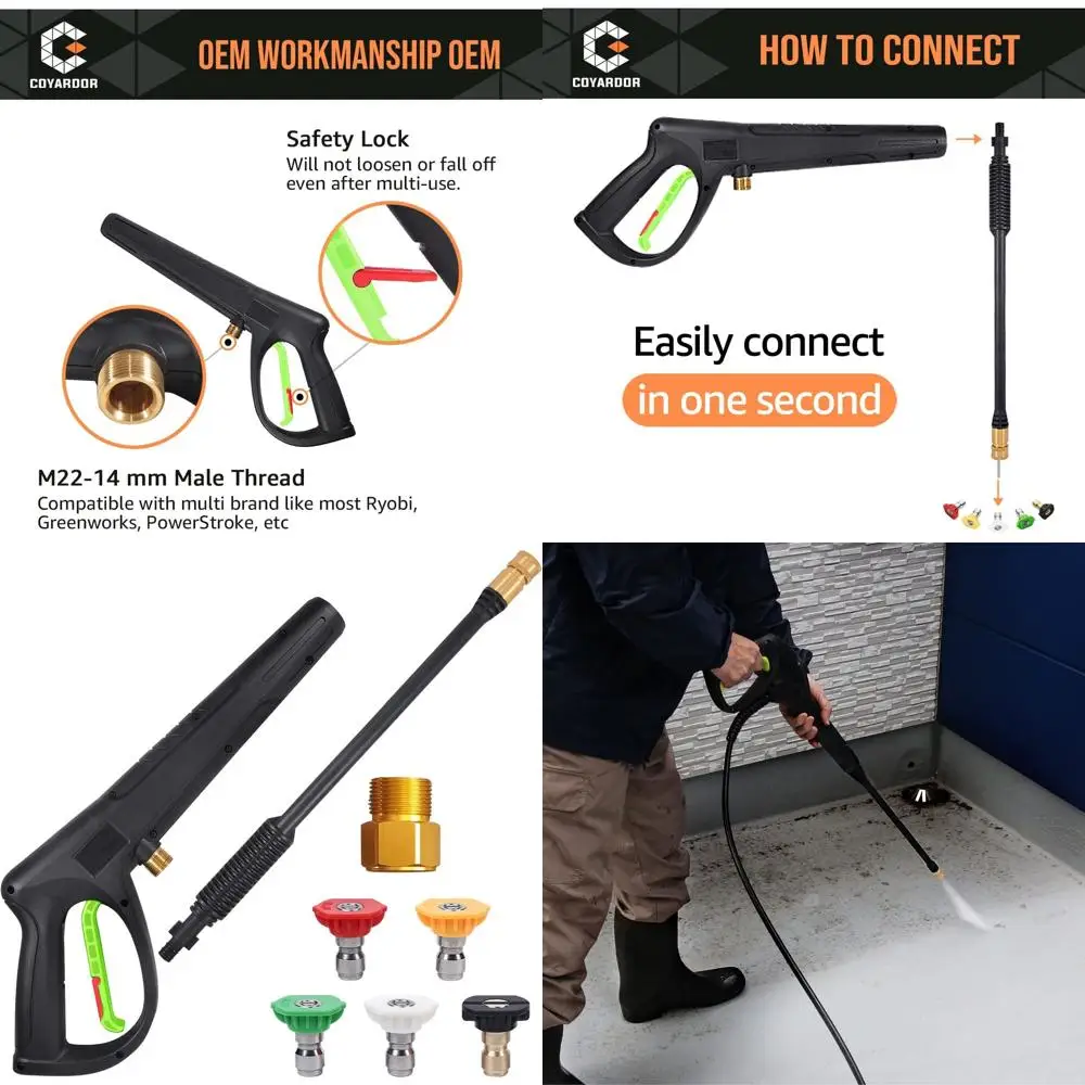 

Pressure Washer Gun with Extension Wand & 5 Spray Nozzle Tips, M22-14mm & M22-15mm Fitting Replacement for Ryobi, Karcher, Power