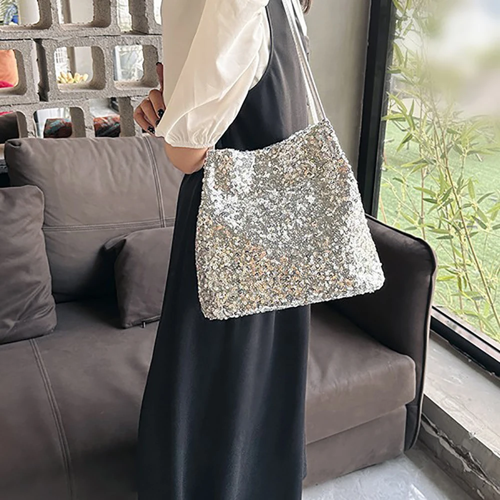 Korean Ins Sequins Shoulder Bag Women's Chic Shiny Solid Color Buckle Square Underarm Bags High Grade Shopping Handbags