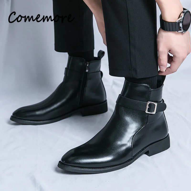 Comemore Men Oxford Boots Fashionable Ankle Booties Versatile Party Wedding High-top Leather Shoes Male Trend Zipper Footwears