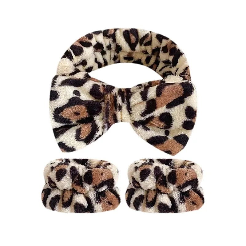 Flannel Bow Elastic Colored Leopard Print Headbands for Women Face Wash Makeup 1pc Headband+2pcs Wrist Strap Set