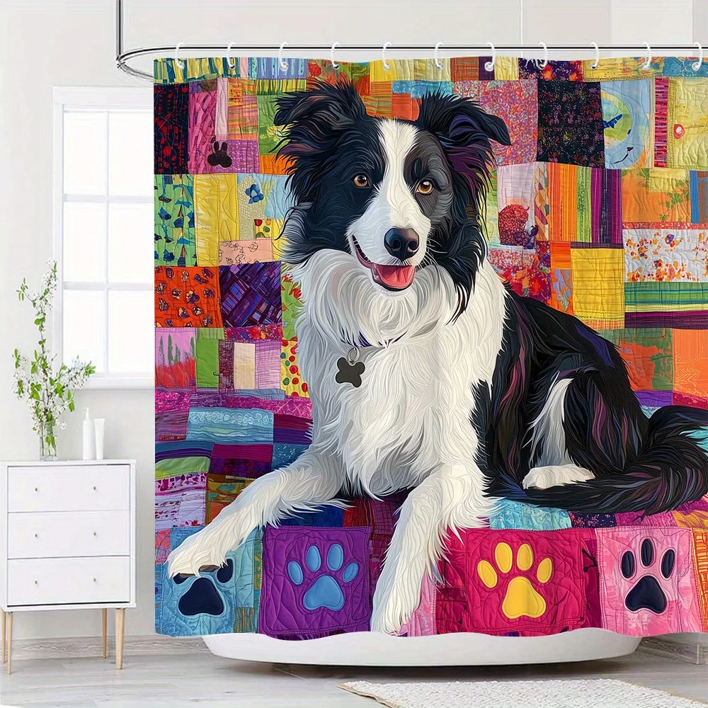 1pc Quilted Border Collie Shower Curtain - Vibrant Black & White Dog with Expressive Eyes on Colorful Patchwork, Purple Collar