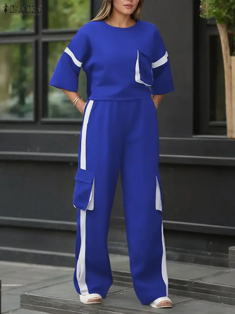 

ZANZEA, стильные зимние комплекты свитшотов и брюк, осень 2021, вязаная одежда, женские толстовки с длинными рукавами, брюки, лоскутный спортивный костюм