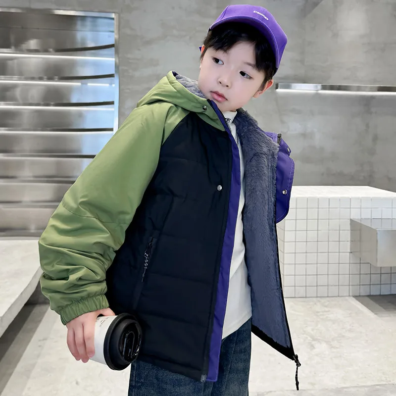 Children\'s Jackets Winter Parkas for Boys Coats Korean Teen Kids Cotton Velvet Padded High Quality Outerwear Pocket Hooded Coats