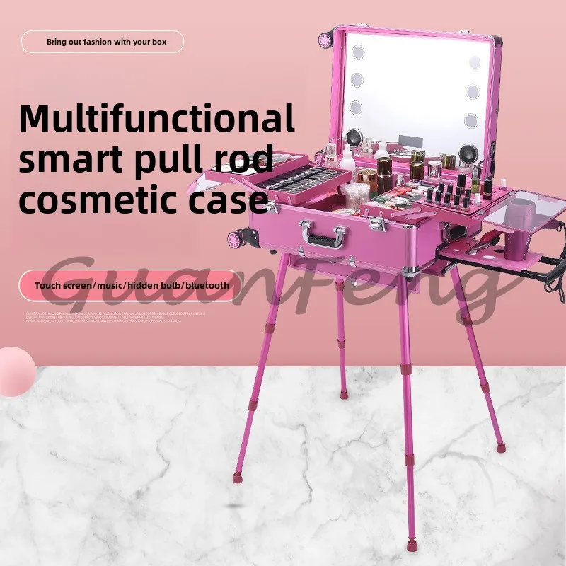 Aluminum Alloy with Light Pull Rod Makeup Case Multifunctional Embroidered Beauty Bluetooth Pull Rod Case and Makeup Artist