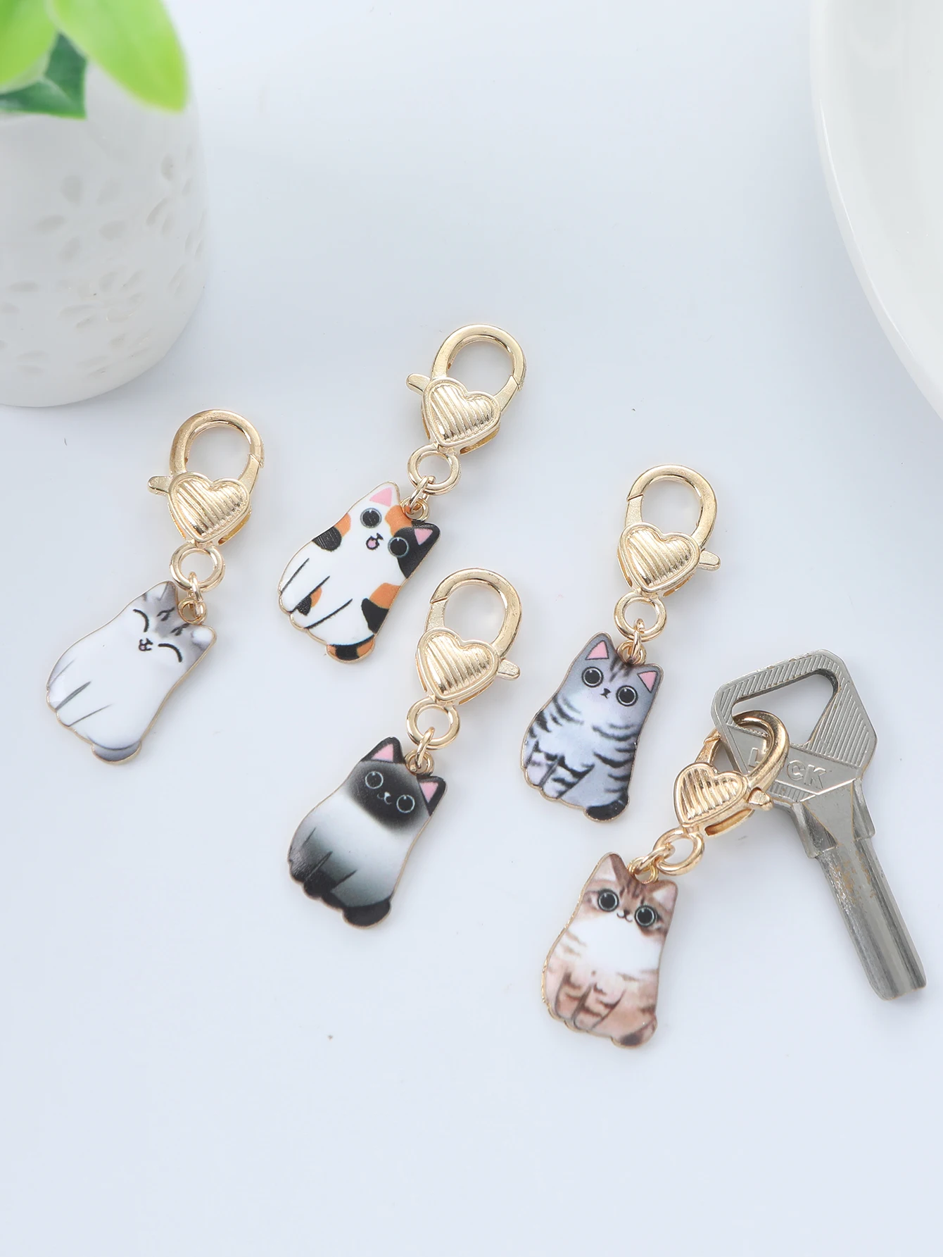 5 Pcs Cartoon Animal Cat Metal Keychains Enamel Charms for Jewelry Making Cute DIY Keychain