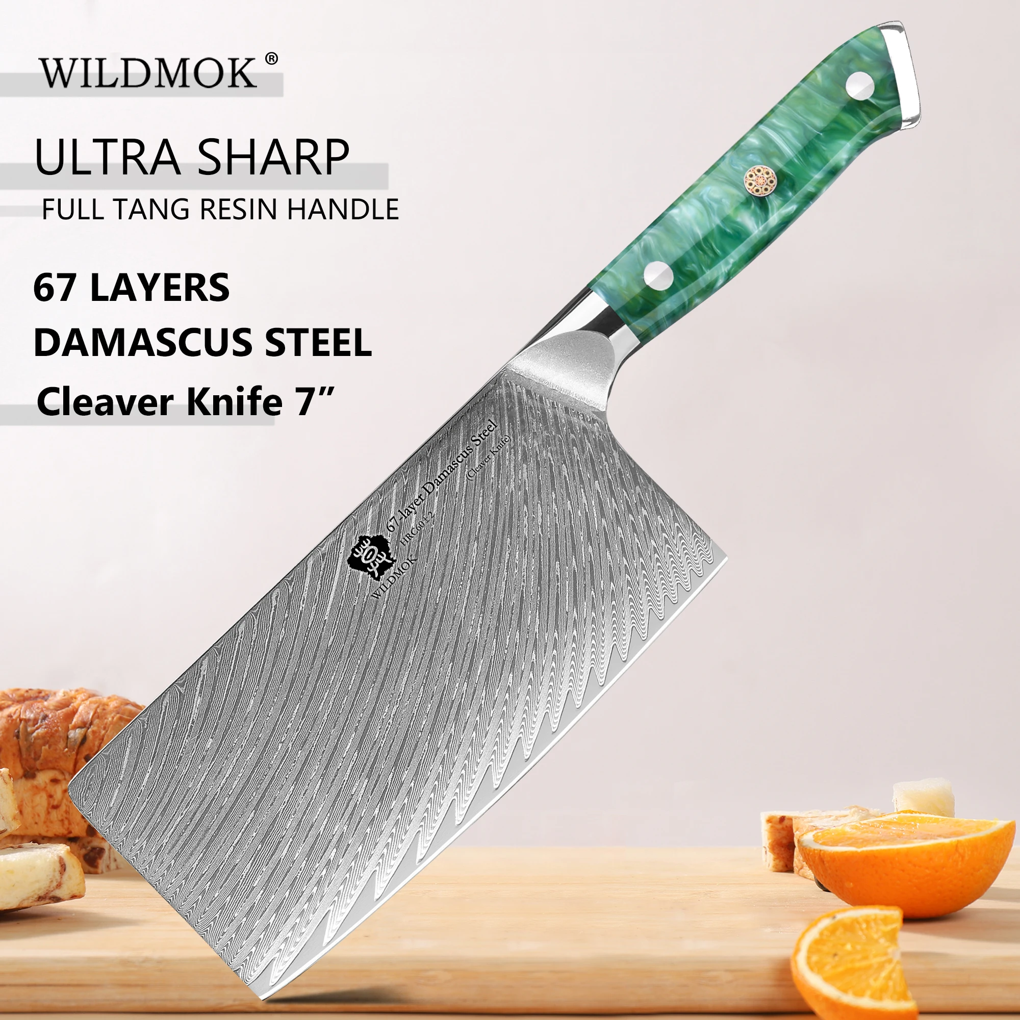 

WILDMOK Meat Cleaver Knife, 7 Inch Damascus VG10 Steel Knife, Professional Kitchen Knife with Silver Ion Blade Resin Handle