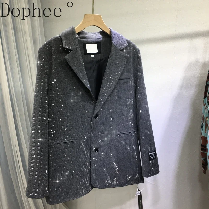 Blingbling Shiny Hot Drilling Women Blazers Coat All-match New Spring Autumn OL Occupation Suit Silver Grey Diamonds Casual Coat