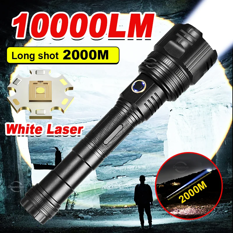 New 2000M White Laser Flashlights 10000LM Ultra Powerful Flashlight Zoom USB Rechargeable Lantern Tactical Outdoor Camping Torch