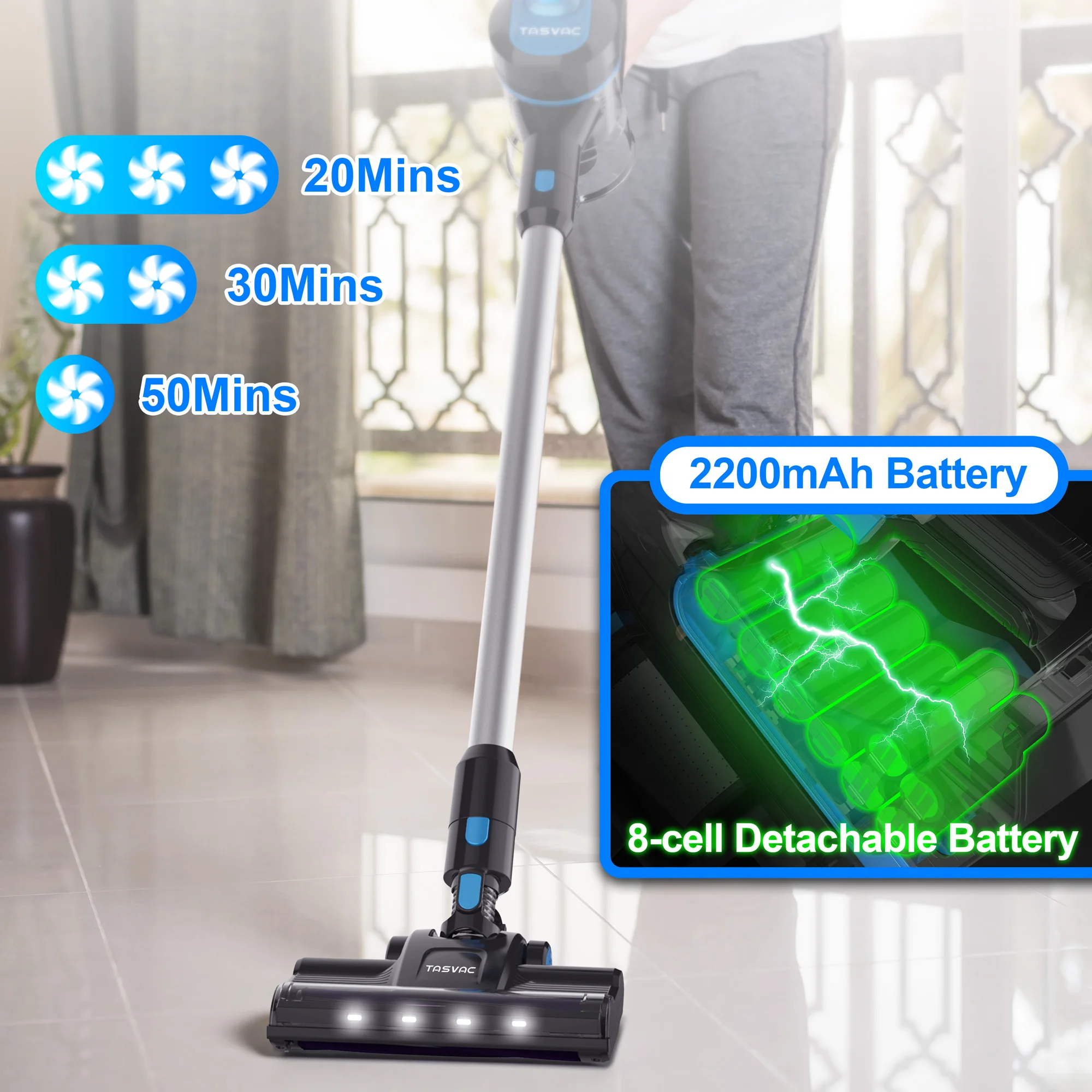 TASVAC S800 Portable Stick Vacuum Cleaner, 260W Electric Broom Vacuum, 23 Kpa 6 in 1 Powerful Vacuum Cordless Lightweight