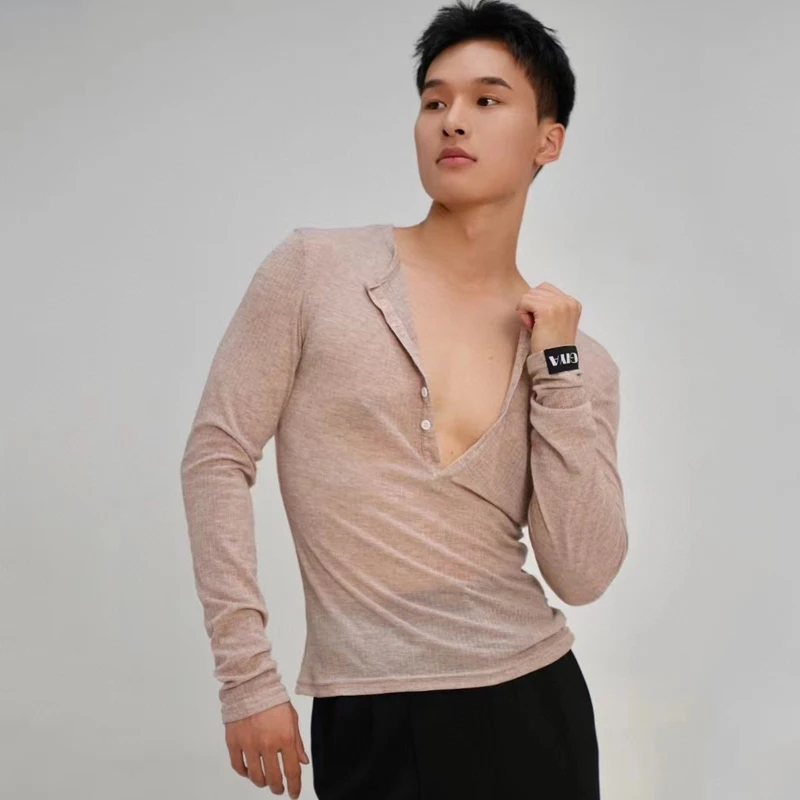 ملابس رقص لاتينية جديدة لعام 2025 للرجال بأكمام طويلة ملابس ممارسة فضفاضة تشاتشا سامبا تانجو ملابس رقص لاتينية للرجال البالغين DQS17345