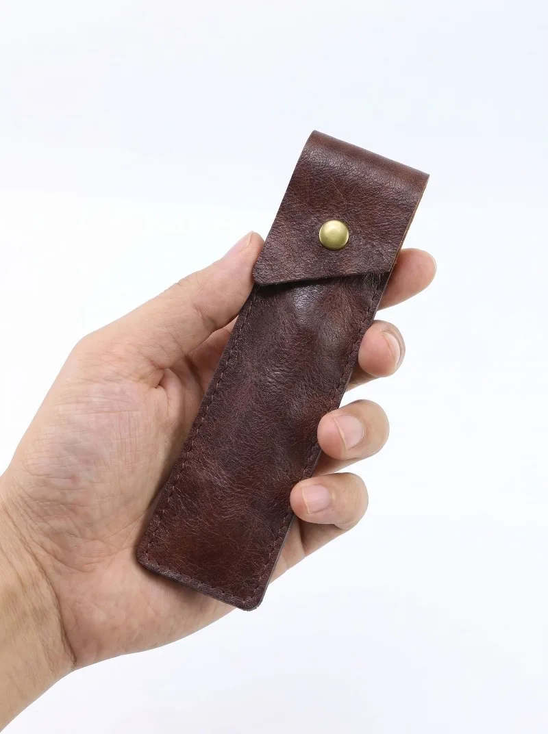 Thin‑Style High‑quality PU Leather Pen Storage Pouch, Hand Sewn Edge, Metal Snap‑Button Two‑slot Lightweight Portable Pen Holder
