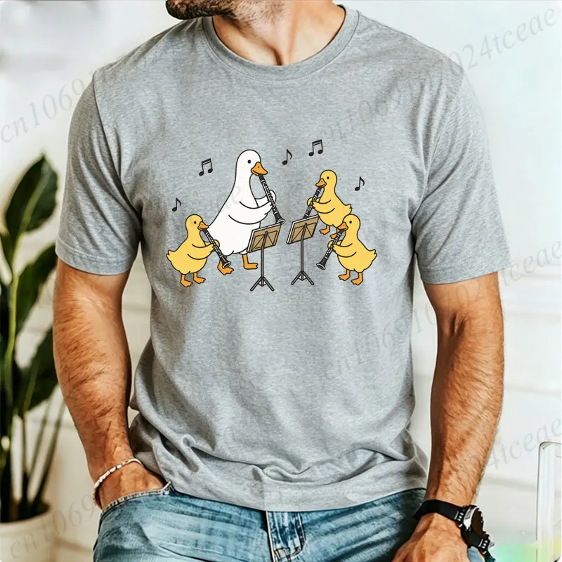 Men's Funny Geese Playing Clarinet Graphic T Shirt Cute Cartoon Goose Duck Band Print Tee Tops Gift for Clarinet Lover Musician